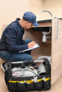 Plumber inspecting pipes underneath a sink