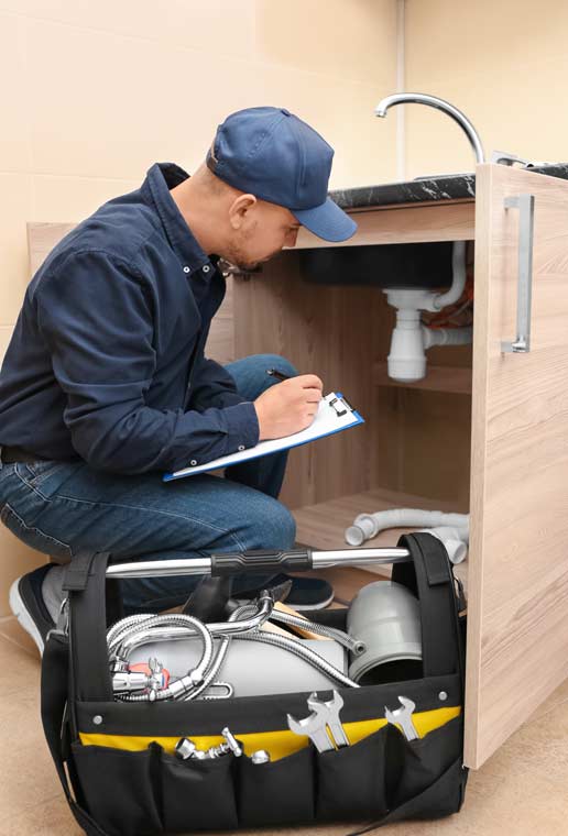 Plumber inspecting pipes underneath a sink
