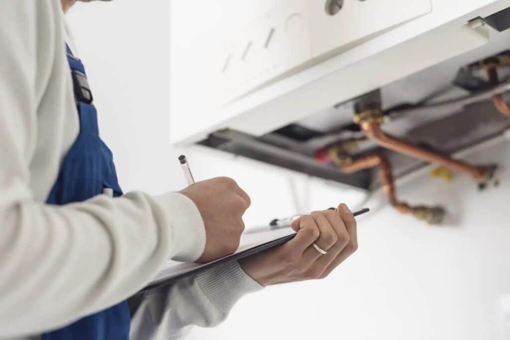 Close view of plumber's hands holding a checklist as he inspects a water heater.